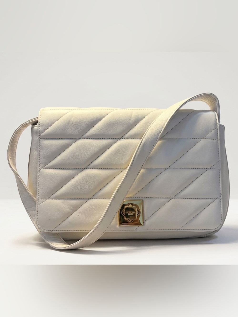 Double M Milano Off-White/Cream Leather Diamond Quilted Flap Shoulder Bag